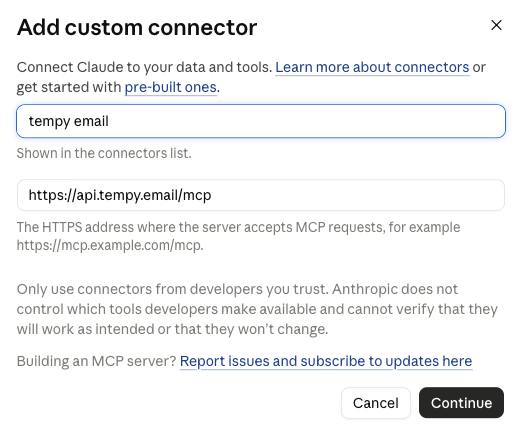 Claude's Add custom connector dialog with the name 'tempy email' and the URL https://api.tempy.email/mcp filled in.