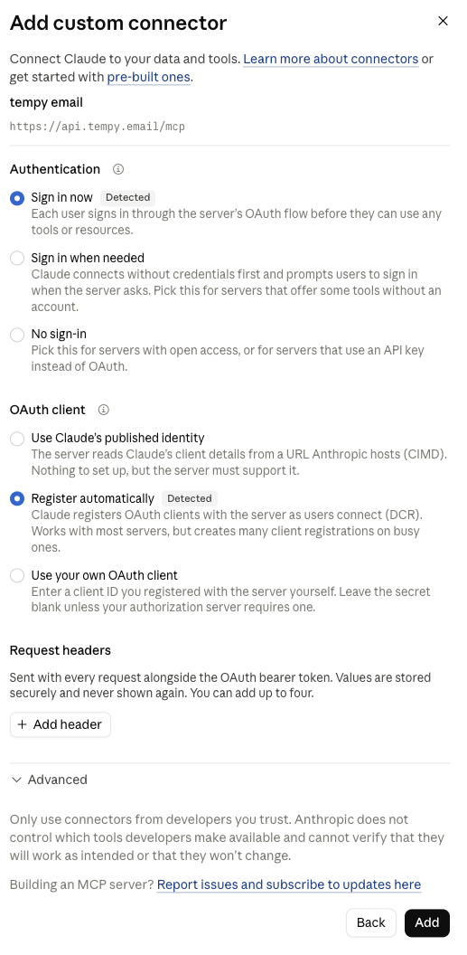 The next step of the dialog: Authentication set to 'Sign in now' and OAuth client set to 'Register automatically', both marked Detected.